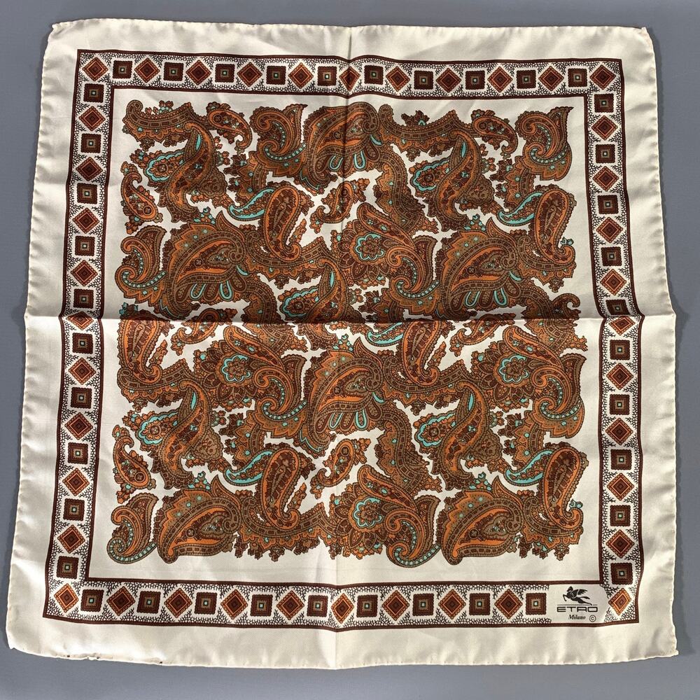 ETRO White Brown Paisley Silk Pocket Square